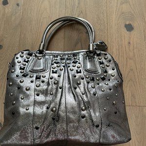 Coach Ltd Ed Kristin Studded Silver Grey Gunmetal Pewter Leather Shoulder Bag